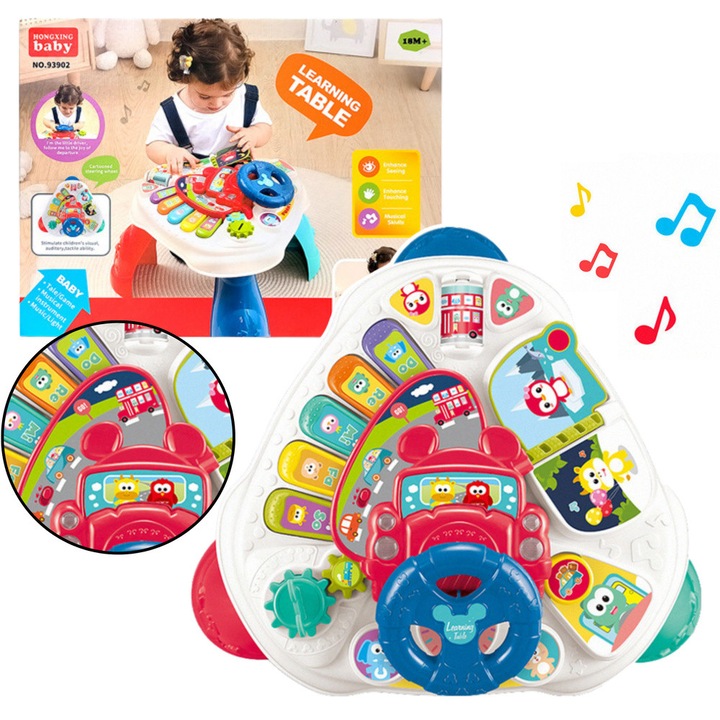 Masa interactiva educationala, LEAN TOYS, pianino, volan cu claxon, multicolor, 50x38x50cm