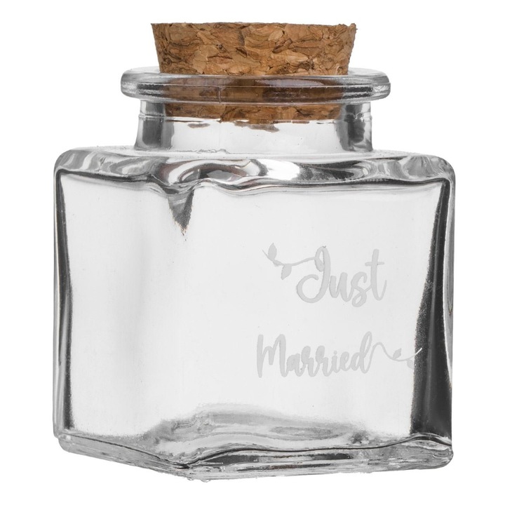 Sticla Decorativa Patrata Transparenta Cu Dop Just Married 50ml Marturie Pentru Nunta Cununie 4.3x4.3x6cm