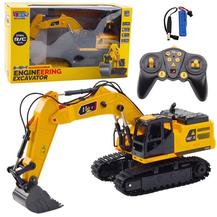 Excavator RC cu senile, Lean Toys, 6CH, 27MHz, alimentare USB, galben/negru
