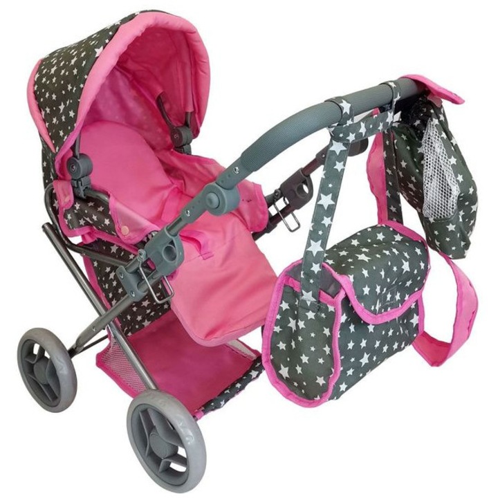 Carucior pentru papusi, material bumbac, roz/gri, dimensiuni 72x36x74cm
