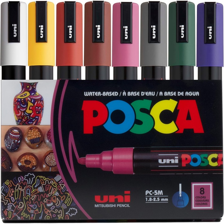 Set Markere Posca Innovium™, 8 Culori Premium Opaque, Varf Mediu 1.8-2.5mm, Culori Intense Artistice, Cerneala Pe Baza De Apa, Ideal Pentru Arta Urbana, DIY, Personalizare si Proiecte Creative, Multisuprafata