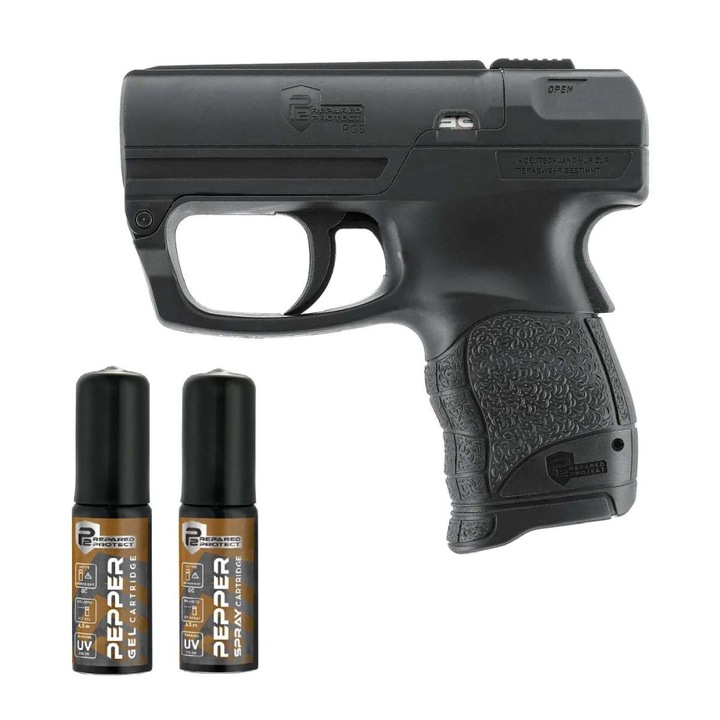 Pistol cu spray iritant lacrimogen Umarex PGS, doua spray de rezerva, piper gaz si piper gel, marcaj ultraviolet UV