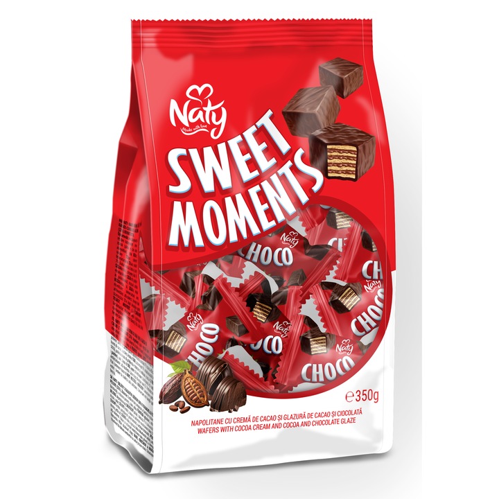 Napolitane cu crema de cacao si glazura de cacao si ciocolata Naty Sweet Moments 350gr