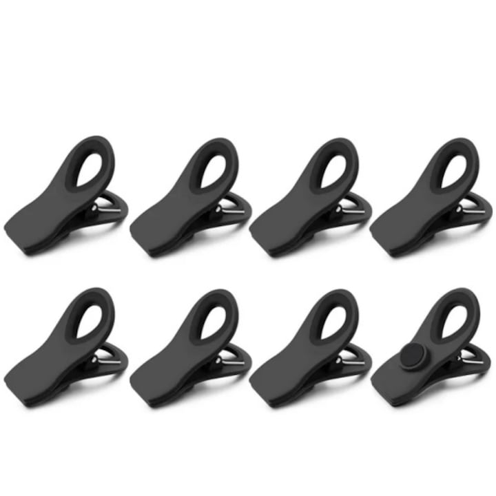 Комплект от 8 щипки за торбички Super Cucina, Пластмаса, Магнитни, Черна
