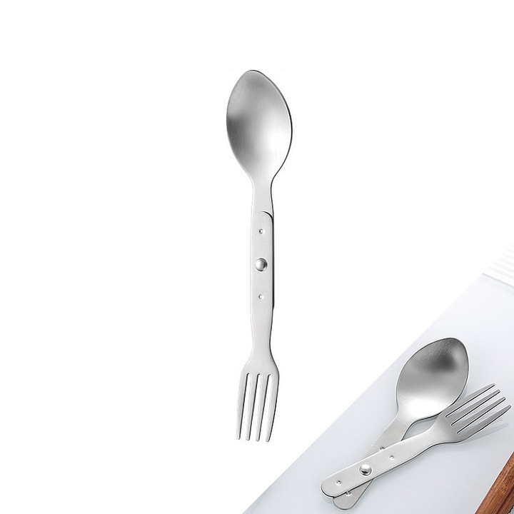 2 az 1-ben összecsukható rozsdamentes acél evőeszköz készlet, 17 cm, kemping evőeszköz készlet, ezüst