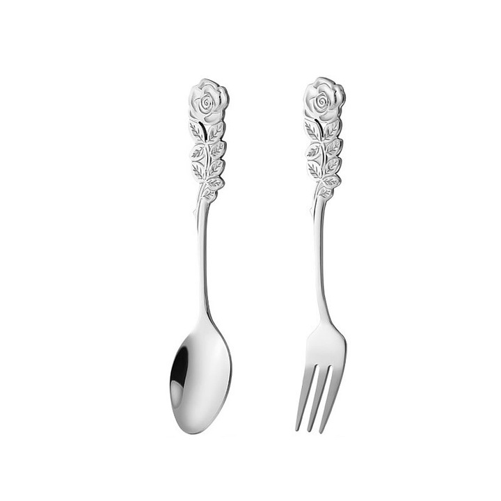 Set tacamuri personalizate cu maner in forma de trandafir, inox, culoare argintie, pentru 1 persoana