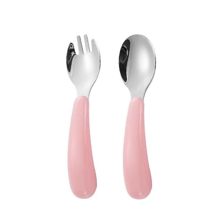 Комплект детски прибори за хранене, Super Cucina, неръждаема стомана 304, 2 цвята, с калъфи за носене, розов