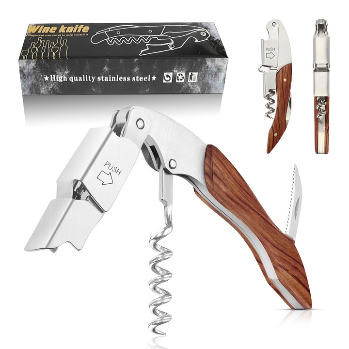 Deschizator de vinuri - Tirbuson profesional pentru sticle de vin cu taietor de folie si dispozitiv de indepartare a capacelor - Cheie manuala pentru vinuri, ospatari, barmani si uz casnic - Lemn de trandafir clasic