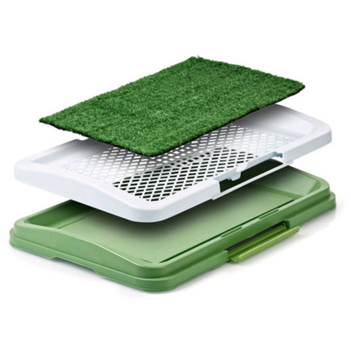 Toaleta pentru caini, 3 straturi, plastic, 47x34x5,5cm, verde si negru