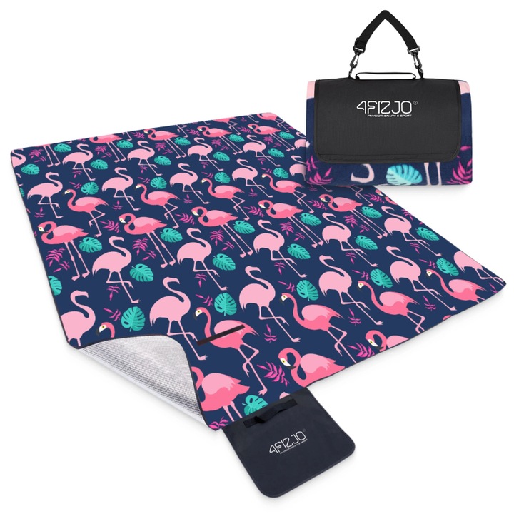 Изолирано одеяло за пикник, 4FIZJO, водоустойчиво, 200 x 200 см, шарка фламинго