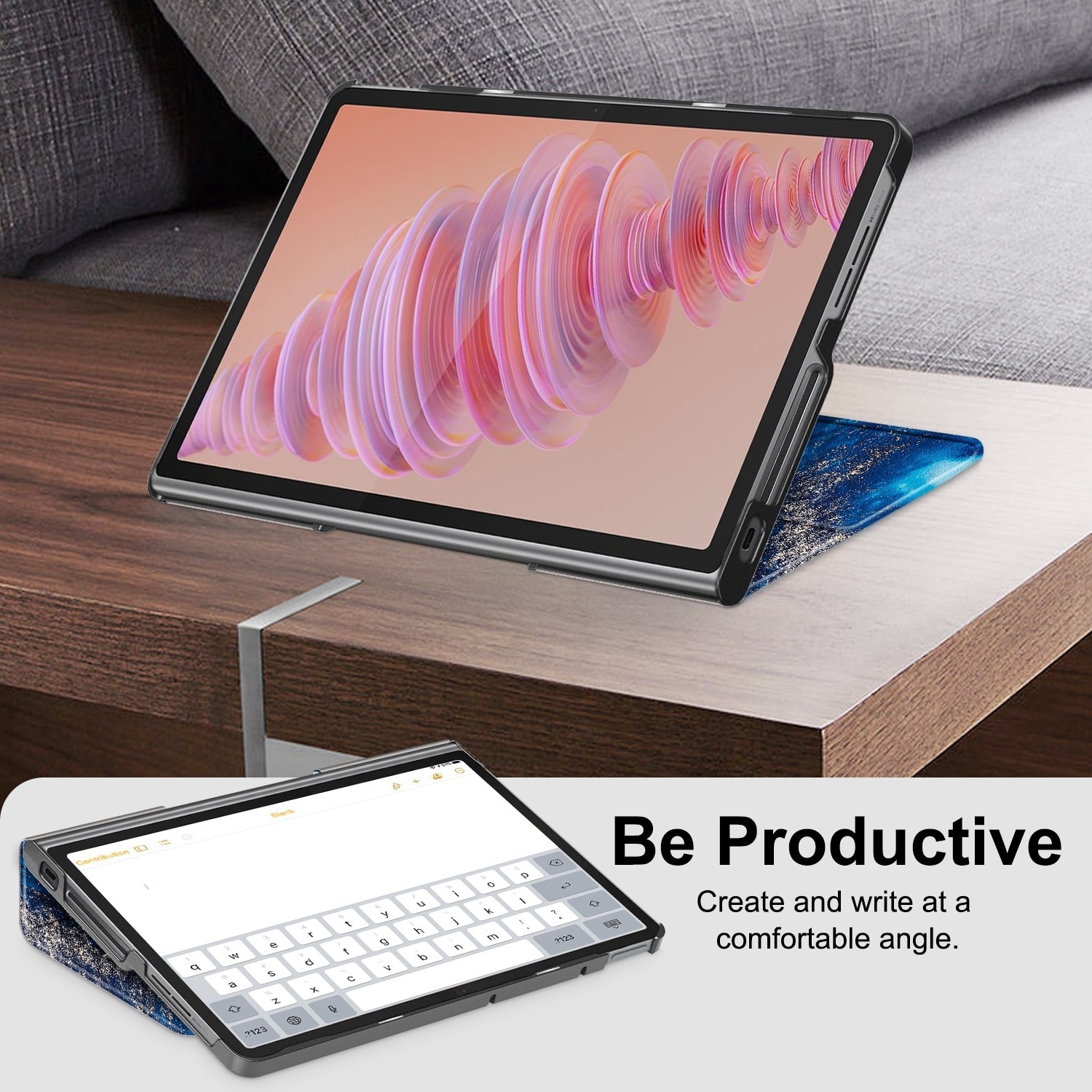 Huse tableta pentru Lenovo Tab Plus 11.5 TB351FU, piele PU, design colorat, tip carte cu 3 plieri, protectie completa, suport, albastru cu desene