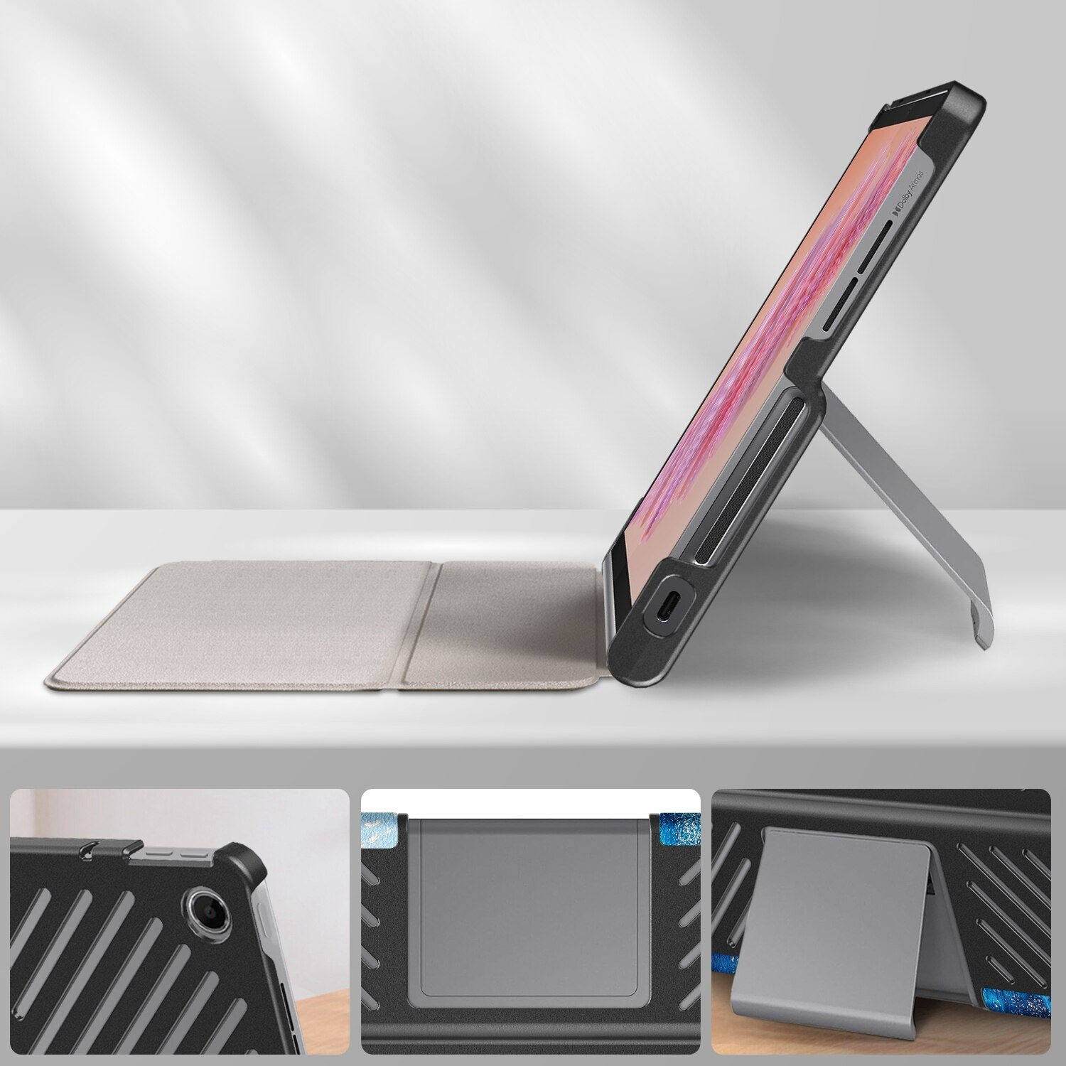 Huse tableta pentru Lenovo Tab Plus 11.5 TB351FU, piele PU, design colorat, tip carte cu 3 plieri, protectie completa, suport, albastru cu desene