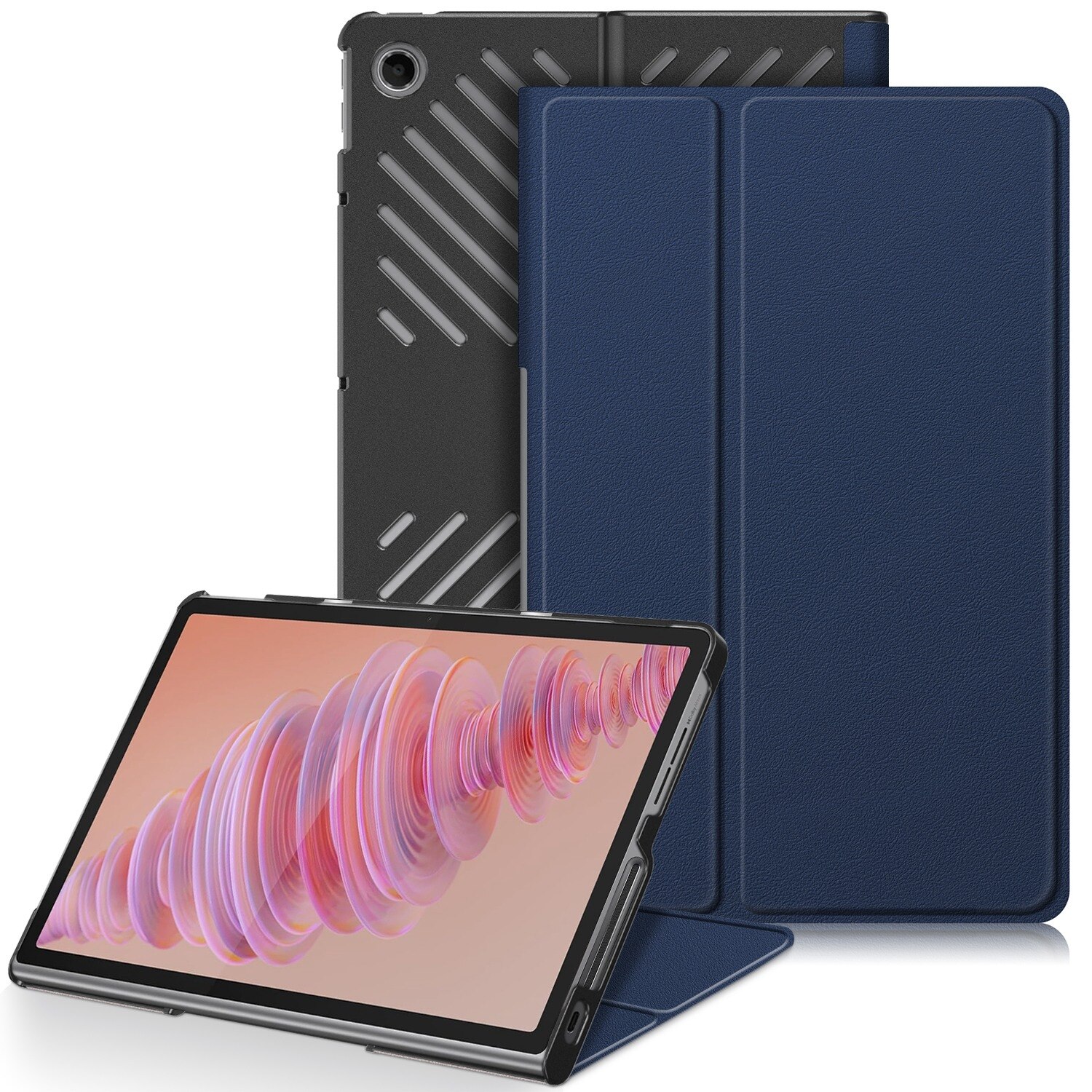 Husa tableta pentru Lenovo Tab Plus 11.5 TB351FU, piele ecologica, tip carte cu 3 plieri, protectie completa, culoare albastru inchis