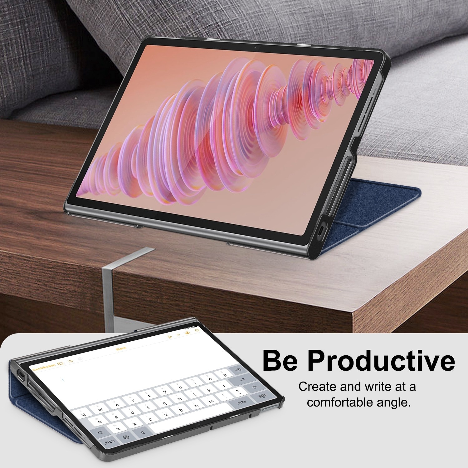 Husa tableta pentru Lenovo Tab Plus 11.5 TB351FU, piele ecologica, tip carte cu 3 plieri, protectie completa, culoare albastru inchis