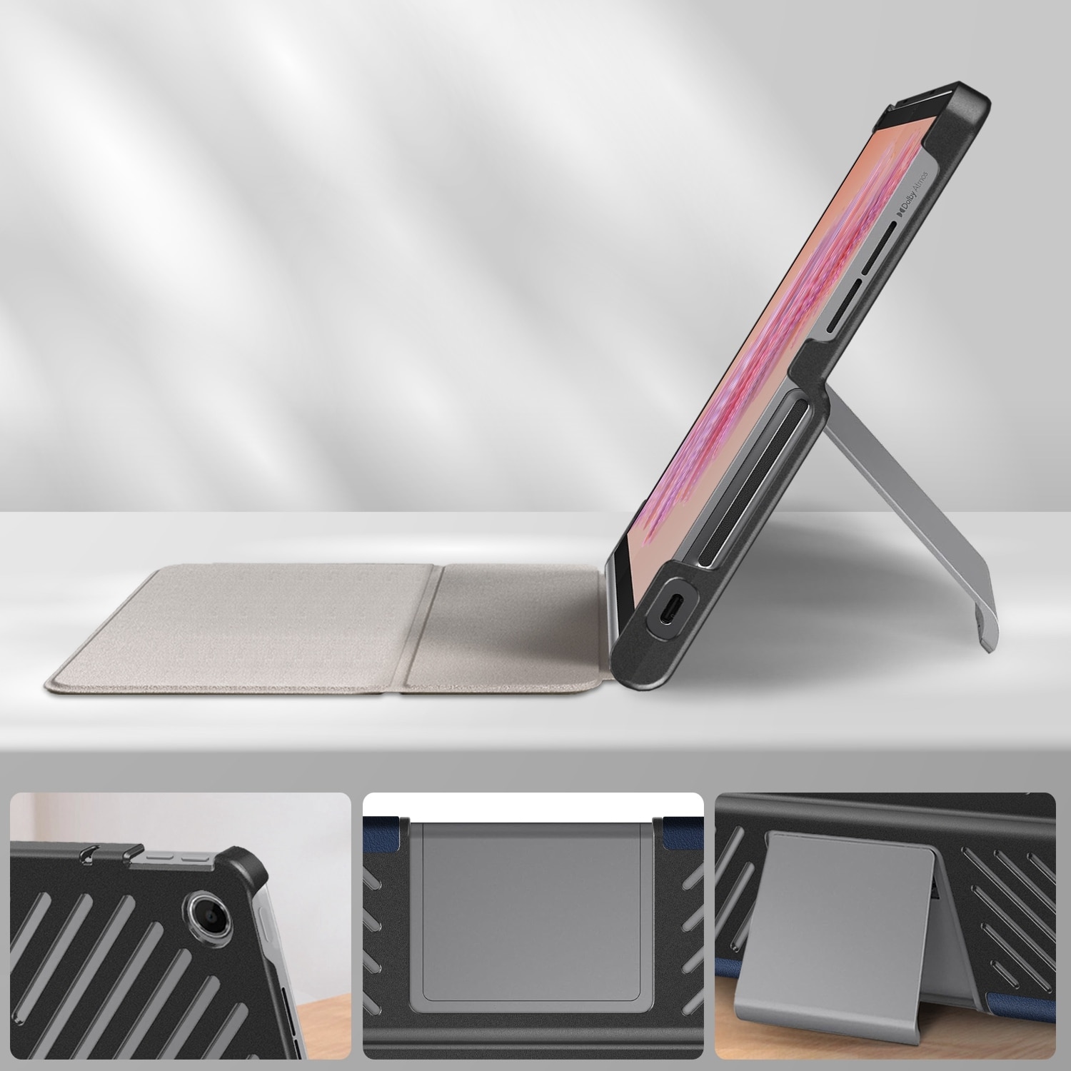 Husa tableta pentru Lenovo Tab Plus 11.5 TB351FU, piele ecologica, tip carte cu 3 plieri, protectie completa, culoare albastru inchis