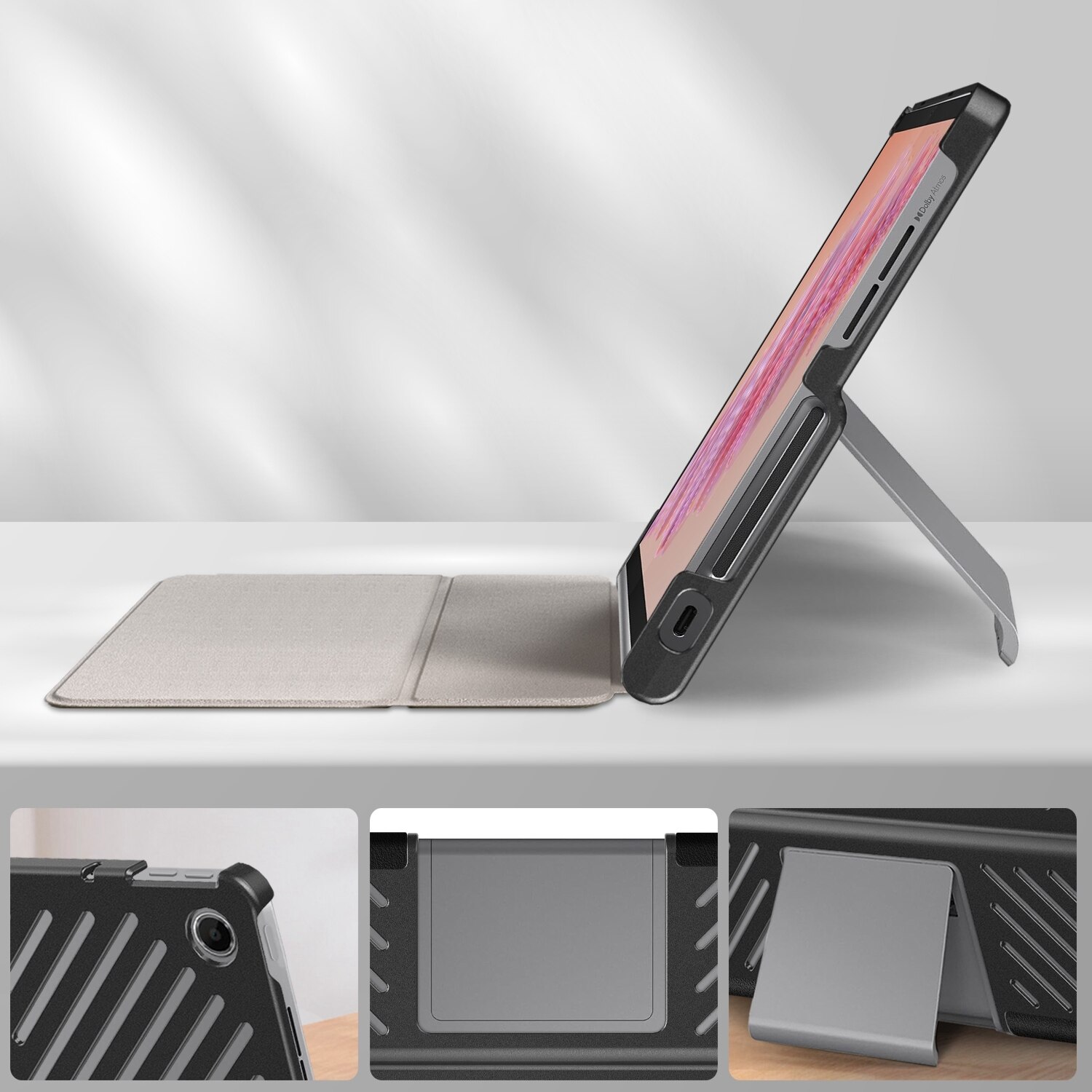Husa tableta pentru Lenovo Tab Plus 11.5 TB351FU, piele ecologica, tip carte cu 3 plieri, inchidere magnetica, negru