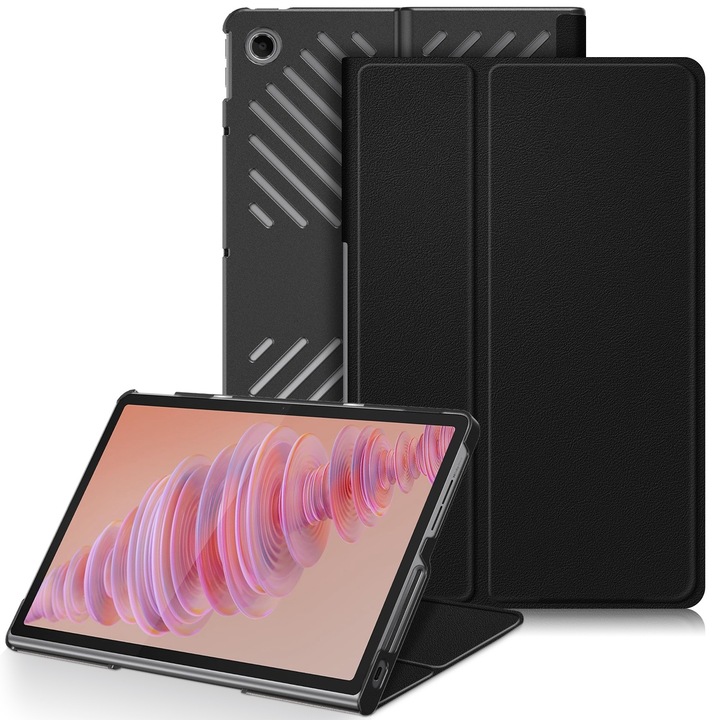 Husa tableta pentru Lenovo Tab Plus 11.5 TB351FU, piele ecologica, tip carte cu 3 plieri, inchidere magnetica, negru