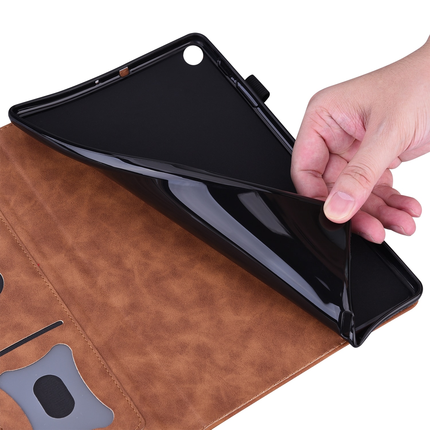 Husa tableta pentru Lenovo Tab M10 HD Gen 2 TB-X306F, in piele PU, tip carte cu suport, sloturi pentru carduri si fotograii, suport pentru creion, rezistent la socuri, maro