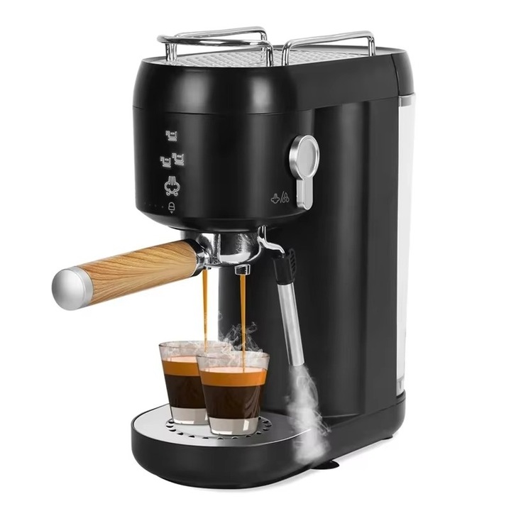 Espressor manual, 1350W, 6 trepte, Functie Mentinere la Cald, Filtru Lavabil, Placa de Incalzire, 294x169x345mm, Programare automata, Functie eco, Negru mat