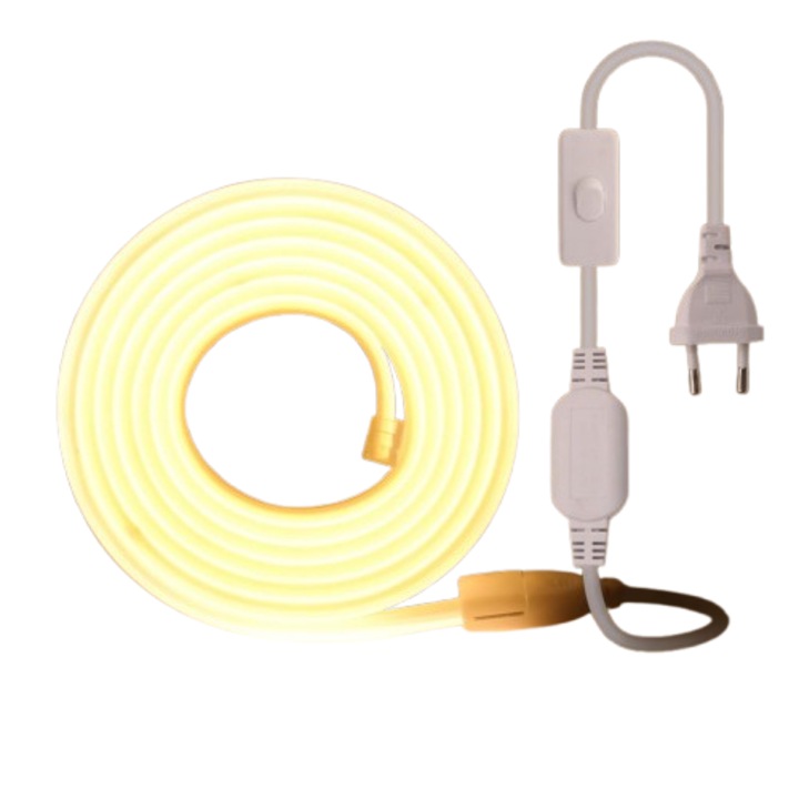 Wisada LED szalag, 220 V, 5 m, 288 LED/m, rugalmas, IP65, vízálló, kapcsolóval és csatlakozódugóval, meleg fény 3000K