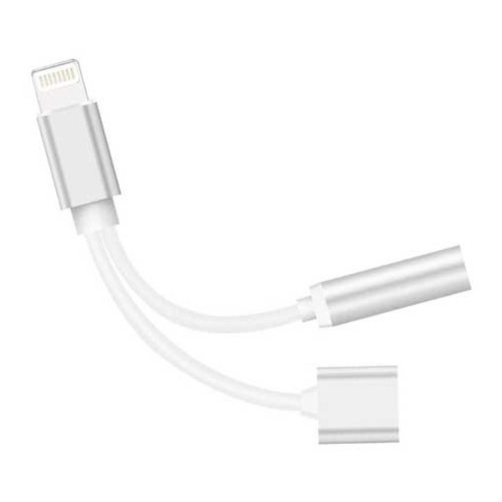 2 az 1-ben adapter iPhone-hoz, fejhallgatóhoz és töltőhöz, Lightning/jack 3,5 mm, ezüst, Dactylion®