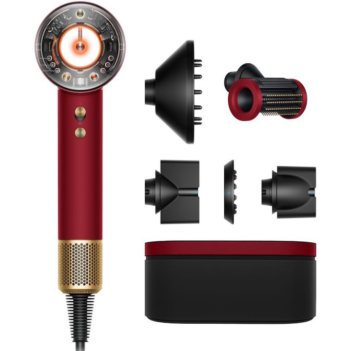 Сешоар Dyson Supersonic Nural HD16, 1600 W, 3 степени на скорост, 4 степени на температура, бързо и интелигентно сушене, червен кадифе/златен