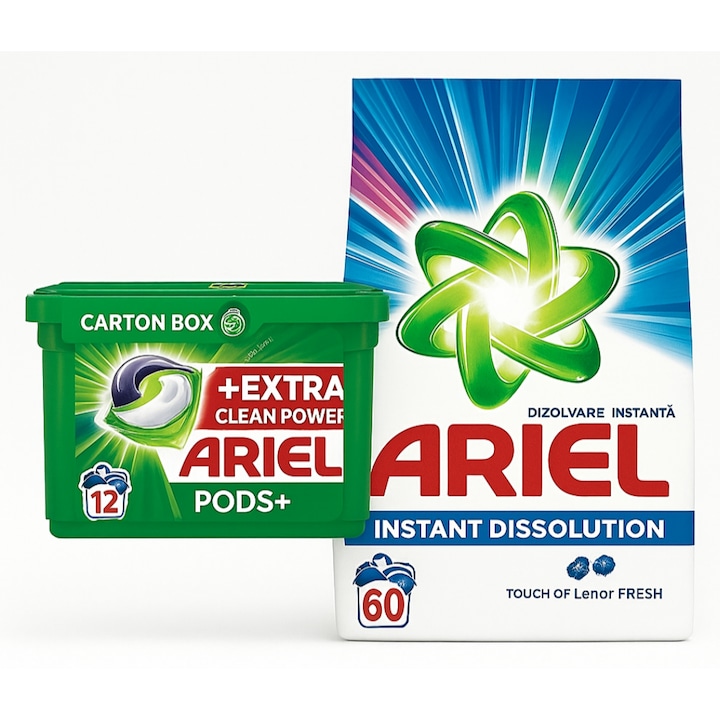 Промоционален пакет Ariel – капсули за перилен препарат + прах 60+12 пранета, интензивно почистване и дълготрайна свежест