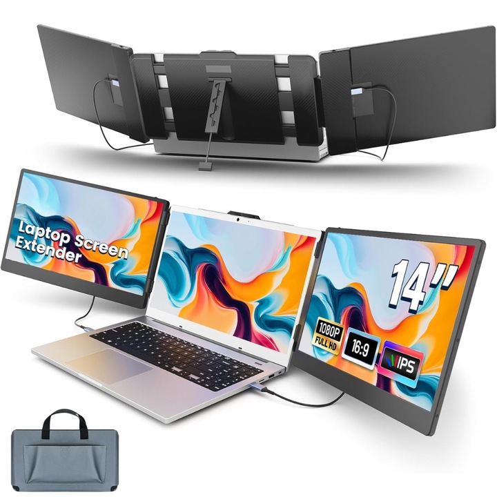 Háromszorosan kihúzható monitor 13"-17"-es laptophoz, 14", Full HD 1080P IPS kijelzővel, 60 Hz-es frissítés, 1000:1 kontrasztarány, Windows/MacOS/Linux/Android, hordozható és összecsukható kialakítás, Plug & Play, USB-C port, hordtáska tartozék, fekete