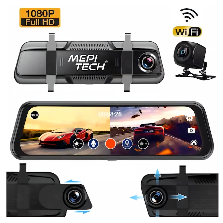 Огледало За Обратно Виждане и Видеорегистратор DVR, Mepi Tech®, Камера За Заден Ход, 1920x1080P, Full HD, 10-Инчов Тъчскрийн, Камера За Кола, Защита Против Отблясъци, G-Сензор, Сензор За Движение, Режим За Паркиране, Поддръжка До 128GB, Черен