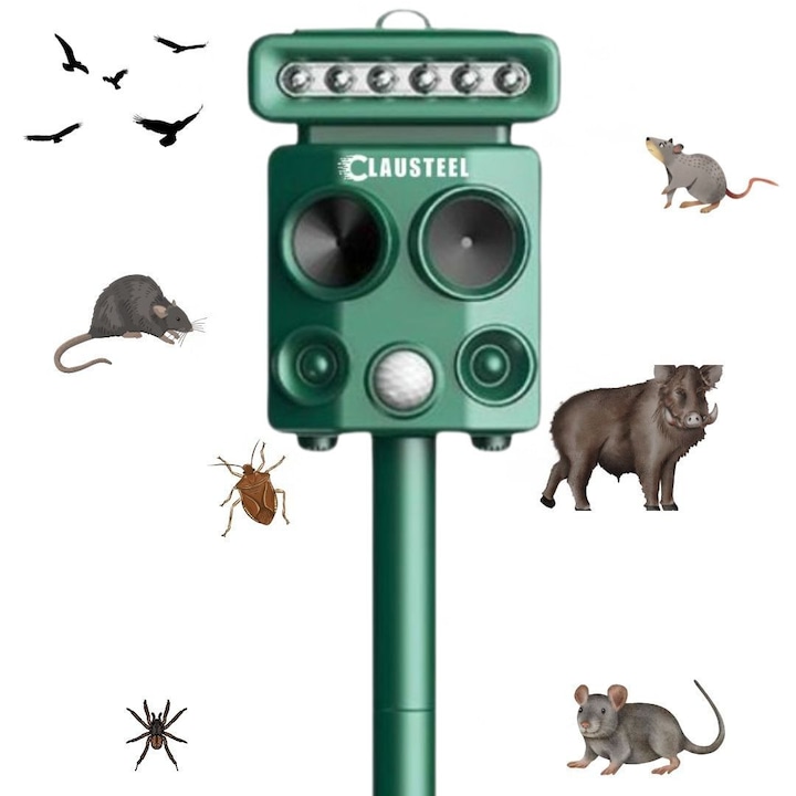 CLAUSTEEL ултразвуков репелент, мигащи светлини, сензор за движение, сензор за светлина, против гризачи, плъхове, порове, птици, влечуги, кучета, котки, диви животни, покритие 452 м², радиус 12 м, зелен