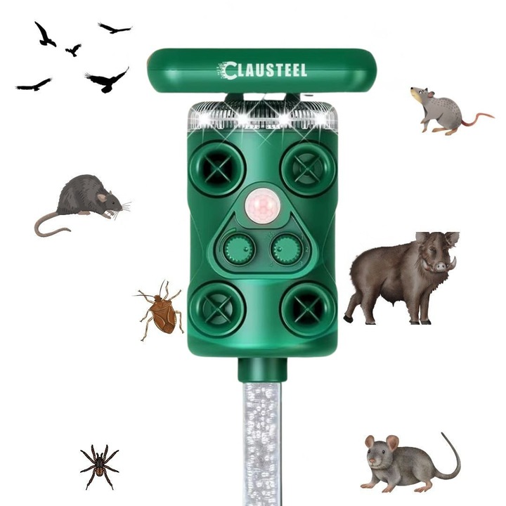 Aparat profesional cu ultrasunete si panou solar CLAUSTEEL 3in1, 4 difuzoare, Flashuri LED, senzor de miscare si lumina, anti rozatoare, sobolani, dihori, pasari, reptile, caini, pisici, animale salbatice, acoperire 452 m², raza 12M, Verde masliniu