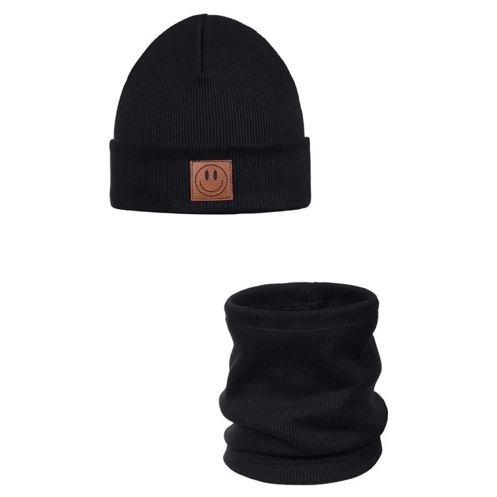 Set De Primavara: Caciula Si Fular Smile - Bumbac, Negru