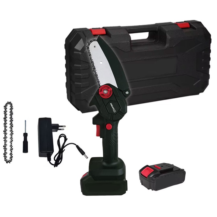 Мини електрически трион GREATON, преносим, ръчен, ергономична дръжка, акумулаторна батерия, куфар за носене, верига и направляваща шина 6 инча, черен