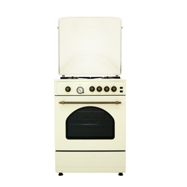 Aragaz rustic Samus SR660G4C1, 4 arzatoare, cuptor pe gaz, 55 L, gratare fonta, siguranta plita, timer analogic, aprindere electrica plita