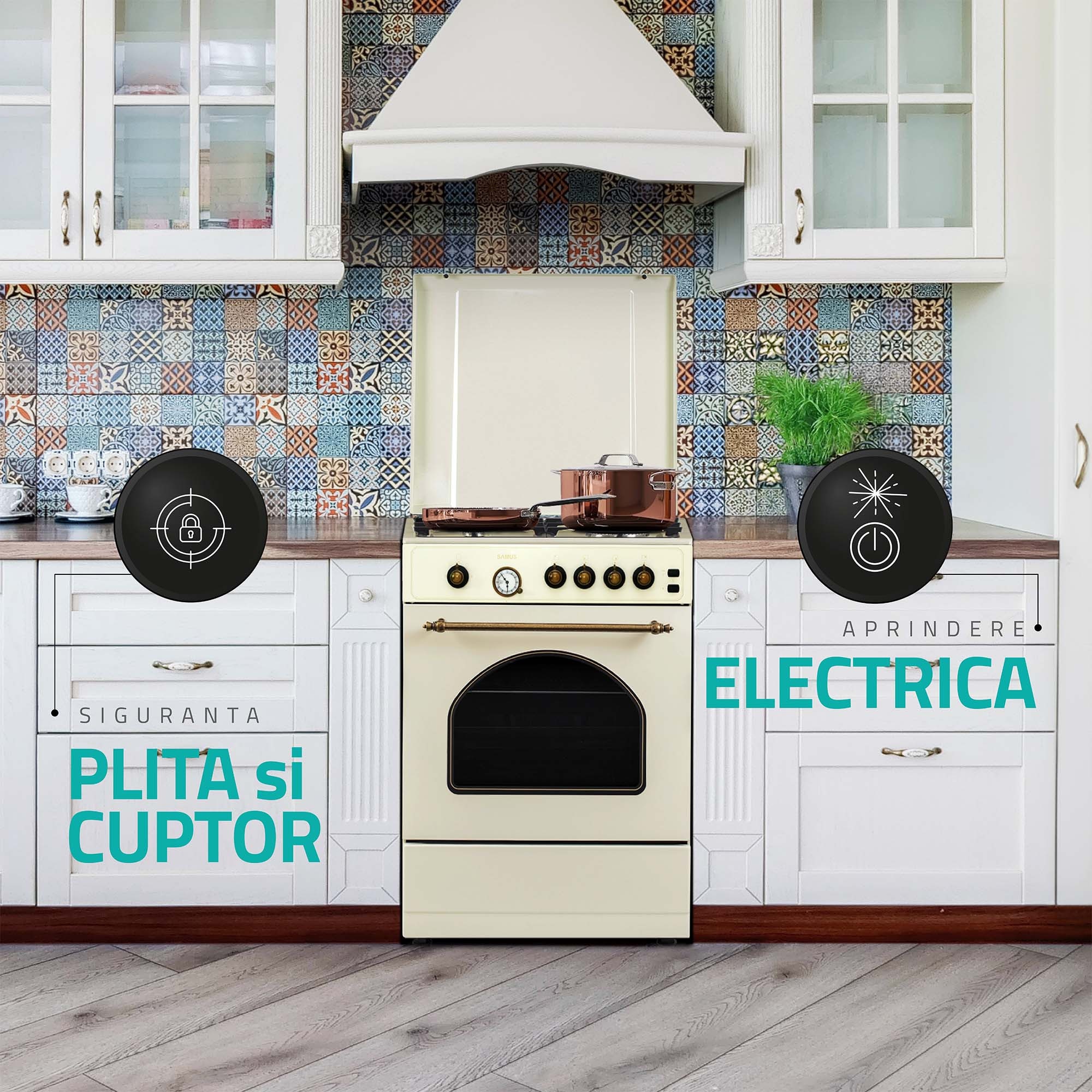 Aragaz rustic Samus SR660G4C1, 4 arzatoare, cuptor pe gaz, 55 L, gratare fonta, siguranta plita, timer analogic, aprindere electrica plita
