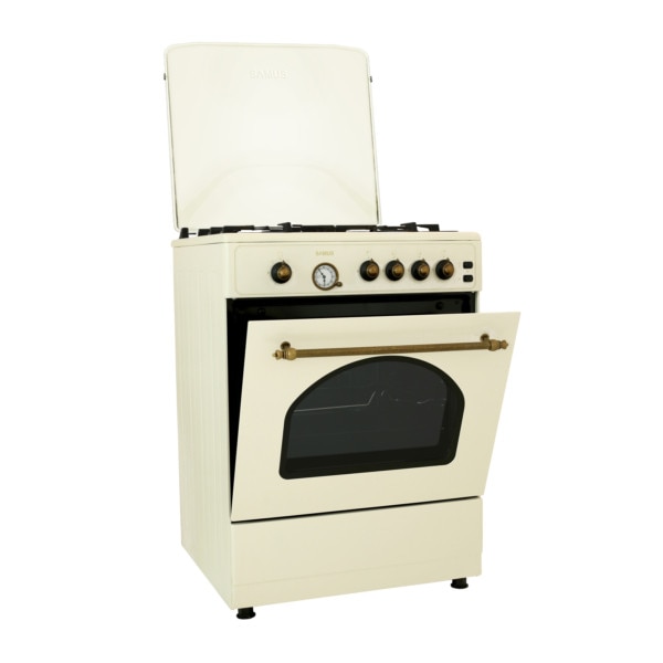 Aragaz rustic Samus SR660G4C1, 4 arzatoare, cuptor pe gaz, 55 L, gratare fonta, siguranta plita, timer analogic, aprindere electrica plita
