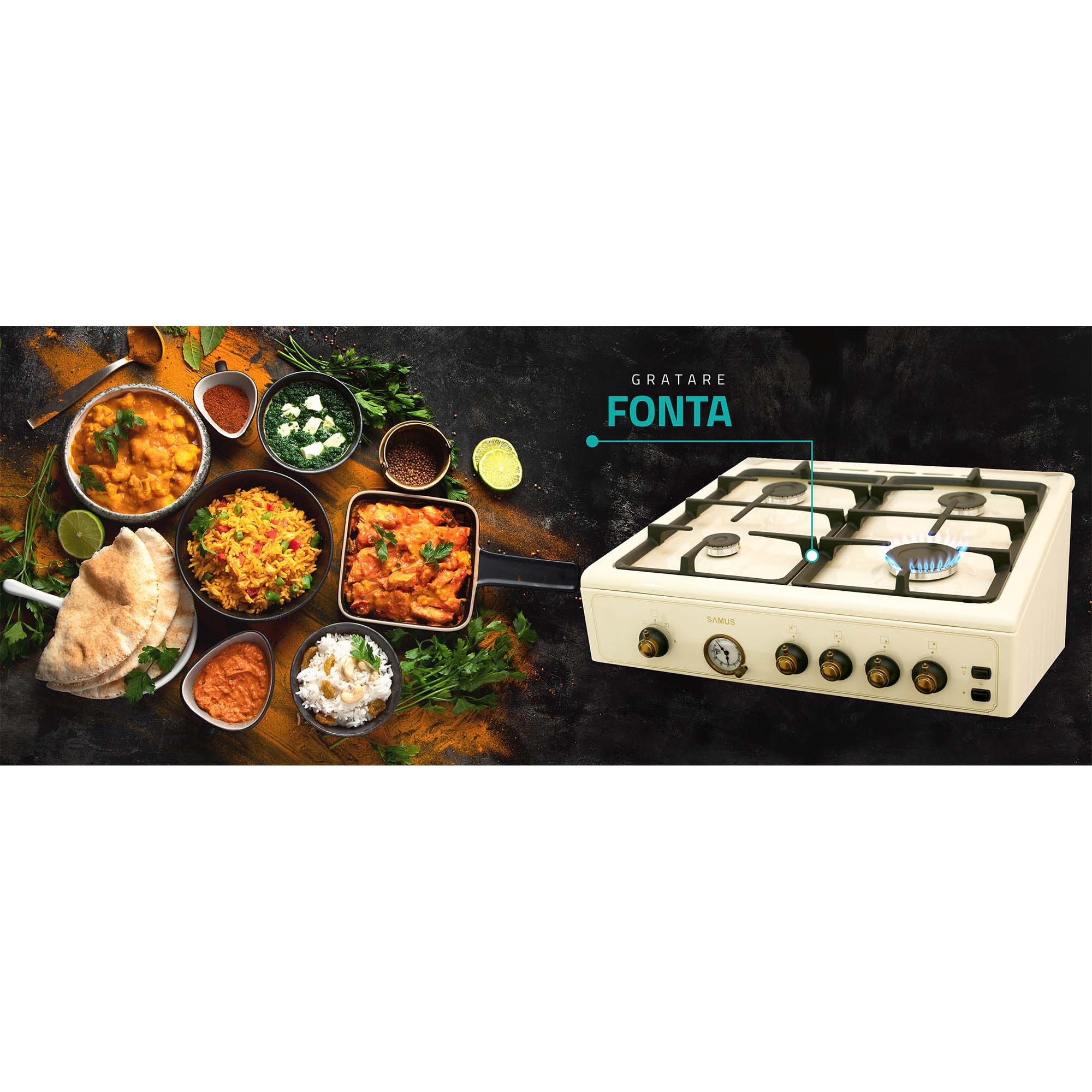 Aragaz rustic Samus SR660G4C1, 4 arzatoare, cuptor pe gaz, 55 L, gratare fonta, siguranta plita, timer analogic, aprindere electrica plita