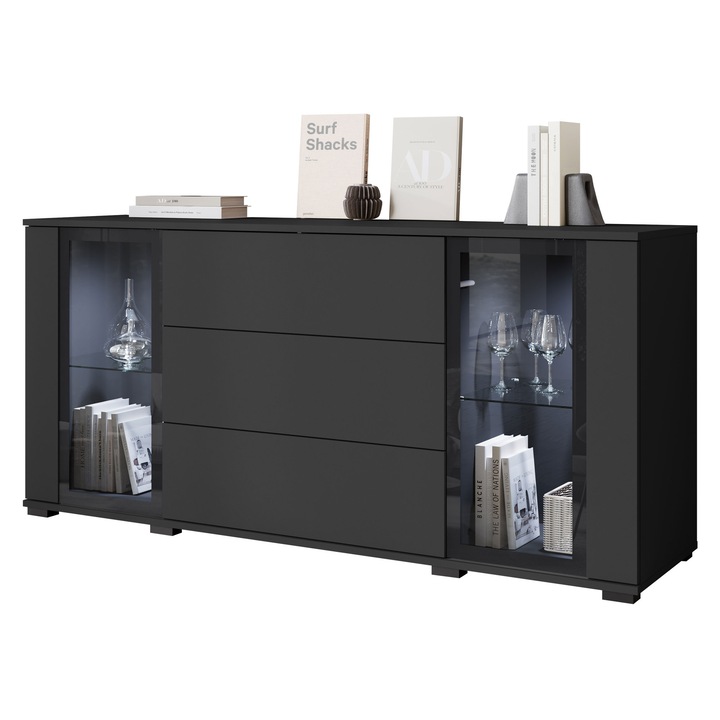 Comoda Hedvis SB 150 2D3S cu LED, MIRJAN 24, negru, 40x150x70 cm