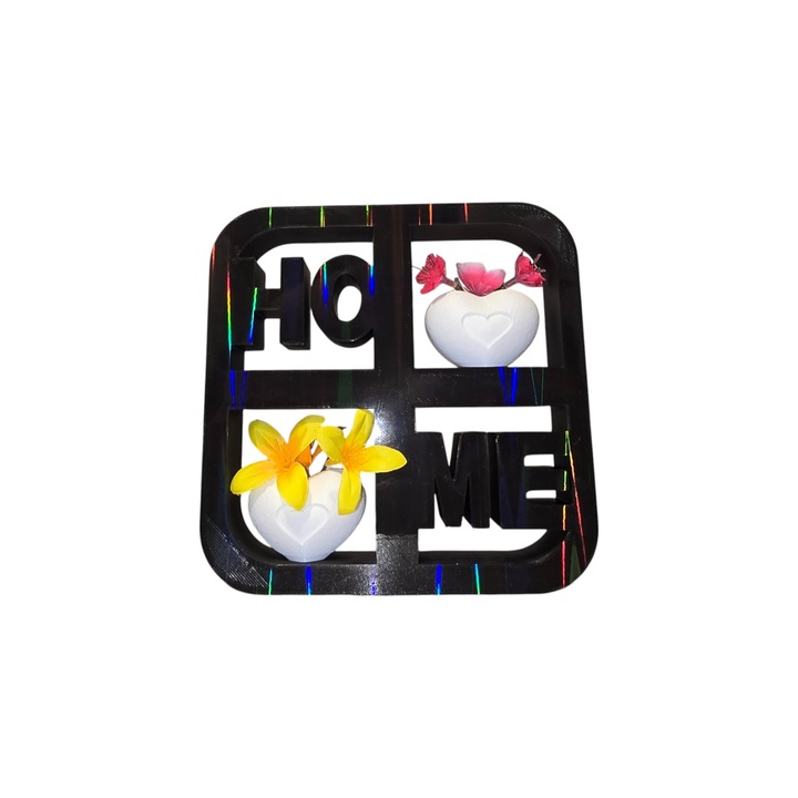 Decoratiune, "HOME" neagra cu 2 vaze in forma de inimioare care pot tine flori false sau uscate