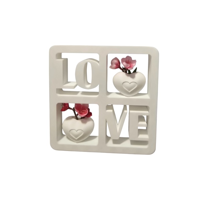 Decoratiune, LOVE'' alba cu 2 vaze in forma de inimioare care pot tine flori false sau uscate