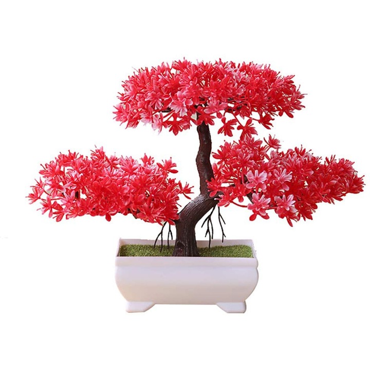 Bonsai műnövény, dekoratív műanyag növény, fenyő modell, cseréppel, valósághű megjelenésű, piros, 1 db