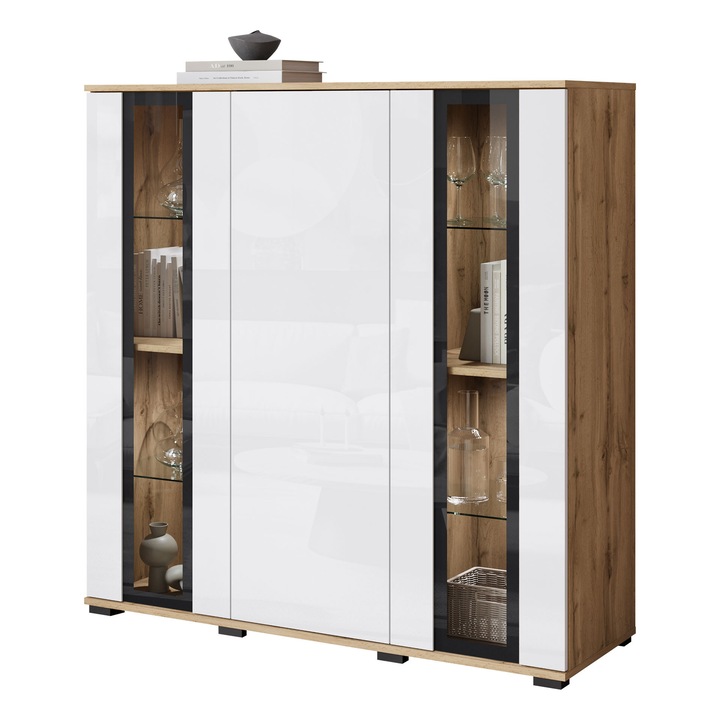 Comoda Hedvis HB 120 cu LED, MIRJAN 24, wotan / alb lucios, 40x120x122 cm