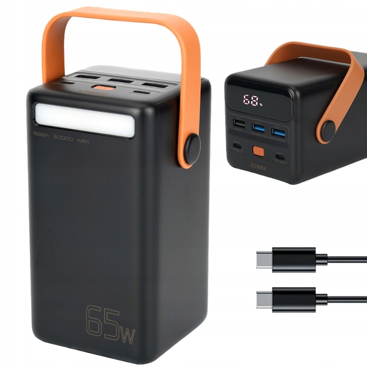 Baterie Externa Portabila, 50000 mAh, 65W, de uz incarcare laptop + telefon, 2 x USB-C PD, 3 x USB, QC 3.0, Cu 100W cablu Type-c, Display LED, pentru Camping, Pescuit, Calatorii, Negru