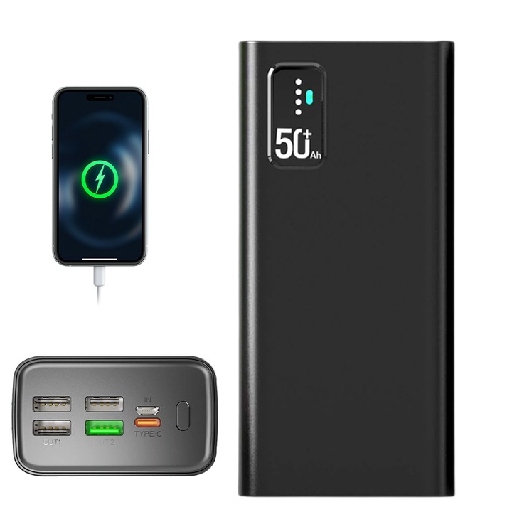 Baterie Externa Portabila, 30000 mAh, 22.5W, de uz incarcare laptop + telefon, 1 x USB-C, 4 x USB, Cu Cablu de incarcare, Negru
