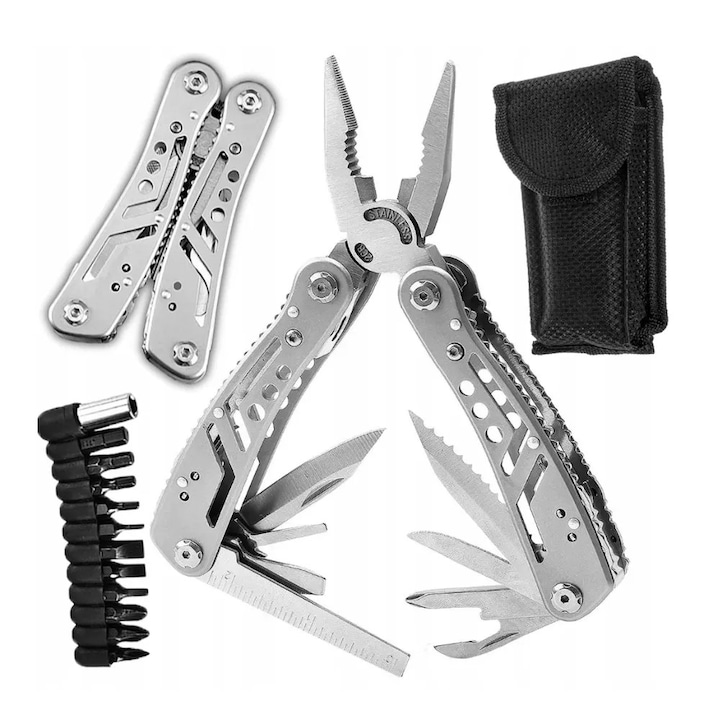 Multitool Extralink Survival, 24 in 1, multifunctional, include etui, instrument robust si durabil, ideal pentru camping, drumetii si activitati outdoor, usor de transportat si utilizat, combina mai multe functii esentiale intr-un singur tool compact