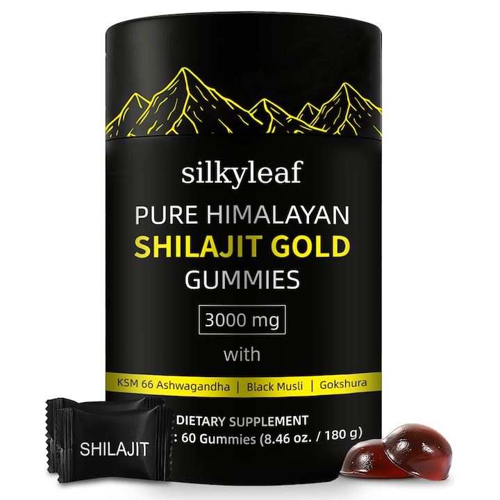 Supliment alimentar, Silkyleaf®, shilajit gummy candy, bogat in ashwagandha, 85+ oligoelemente, fara adaos de zahar, fara OMG, 100% natural si organic, atat pentru barbati, cat si pentru femei, 60 de capsule