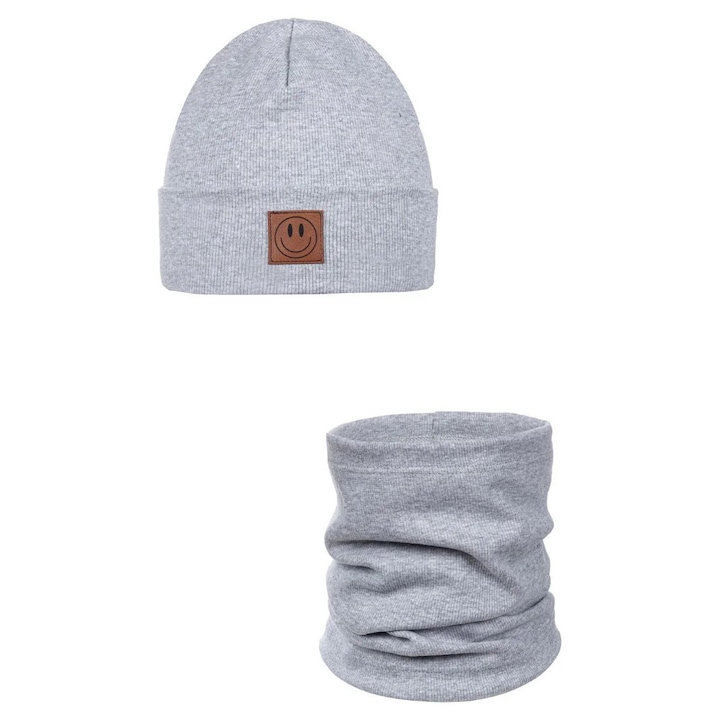 Set De Primavara: Caciula Si Fular Smile - Bumbac, Gri deschis