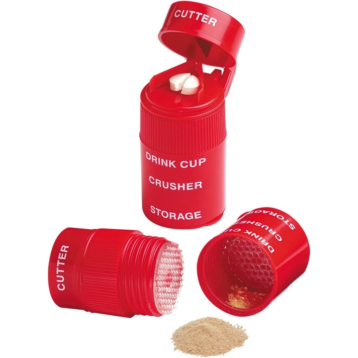 Háromrácsos tablettavágó/zúzó, PsAyl, gyógyszeres doboz vágóval és zúzóval, gyógyszerdaráló, kivehető vizespohár, piros