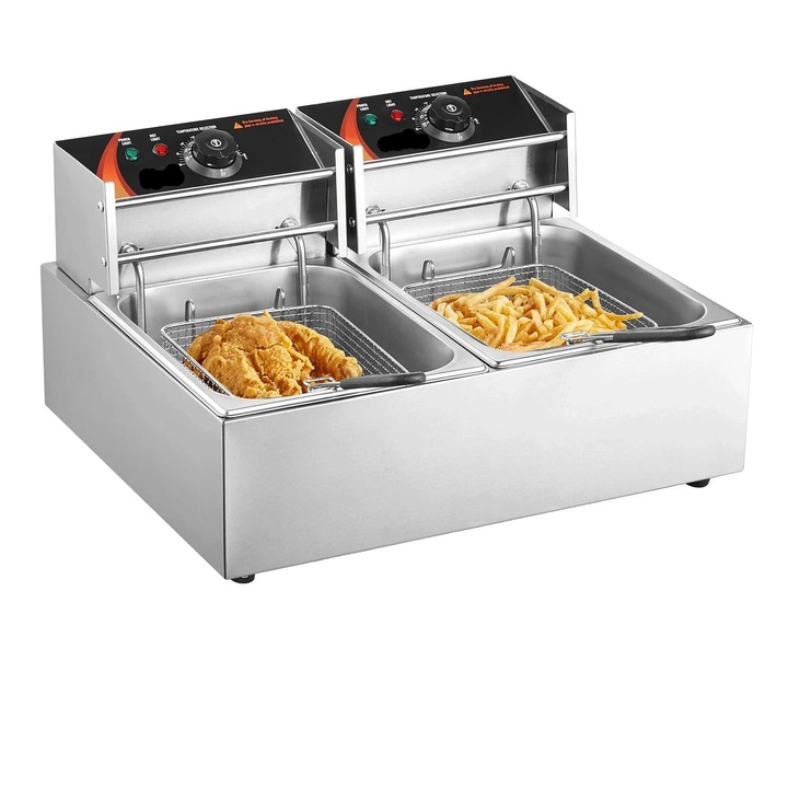 Kereskedelmi elektromos fritőz, két tartállyal, 3000W, rozsdamentes acél, 9,1 liter víz, 6 liter olaj űrtartalommal