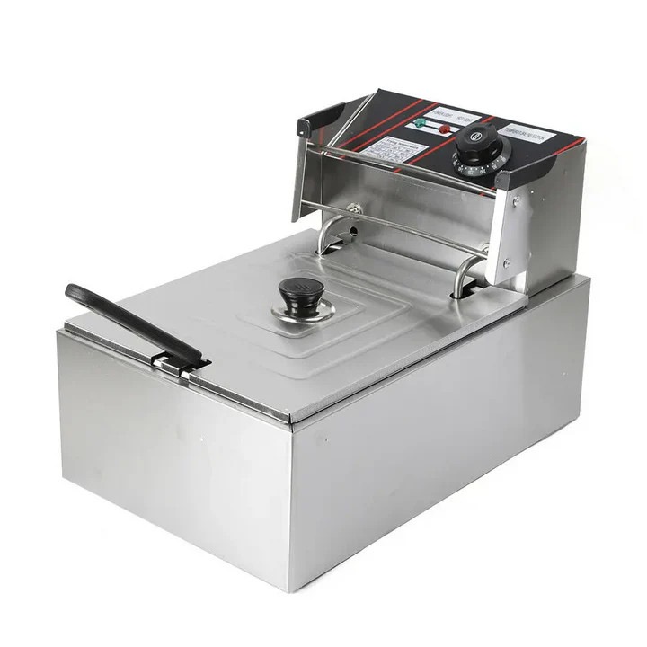 Elektromos fritőz, rozsdamentes acélból, 2500 W, 6 literes űrtartalom, állítható hőmérséklet, ezüst színű